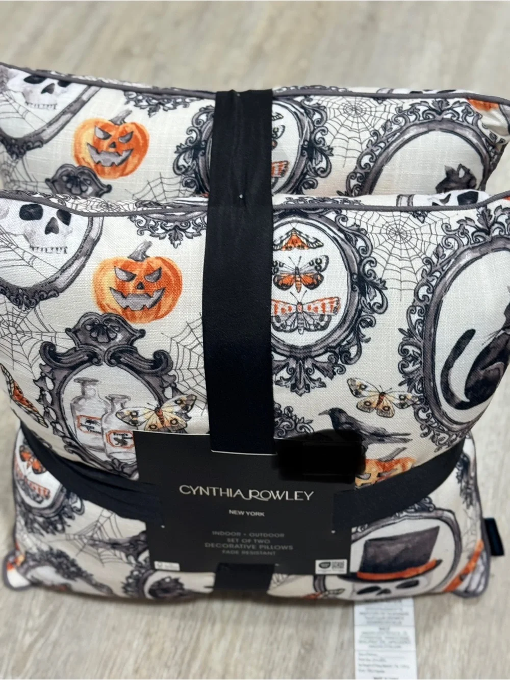 Cynthia Rowley Halloween Frame Print 2 Pillow - White, Orange & Black